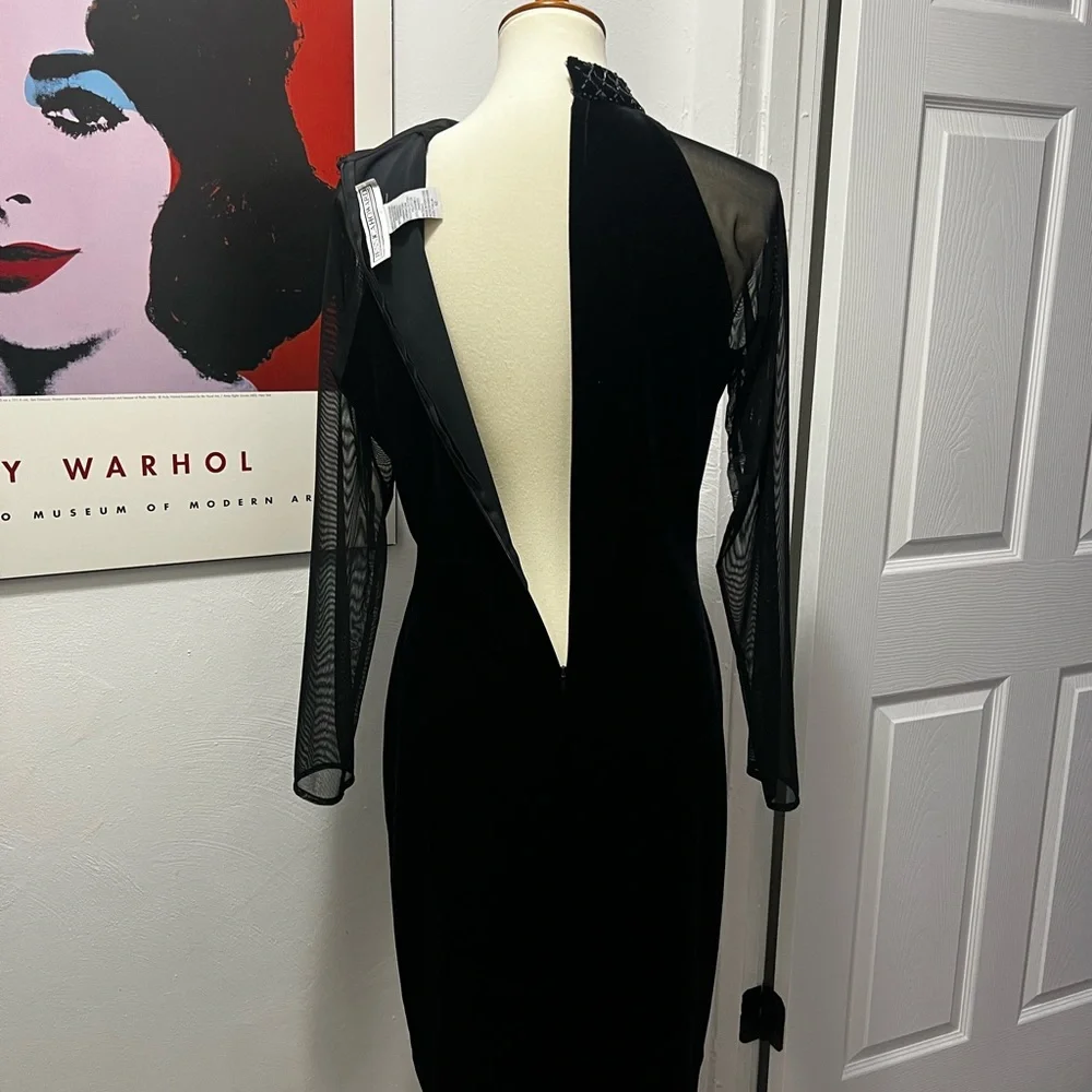 Vintage Velvet Black Dress with Sheer Sleeves - Picture 3 of 8